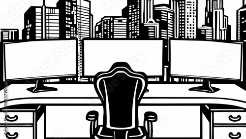 Office setup with three monitors desk and chair facing a city skyline in black and white illustration silhouette