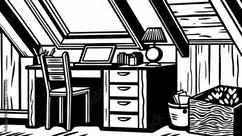 Illustration of an attic office space with a desk chair laptop lamp and storage in black and white style silhouette