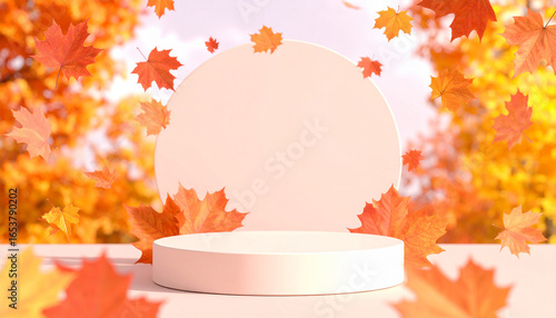 A product display platform surrounded by falling autumn leaves, with a warm, inviting atmosphere.