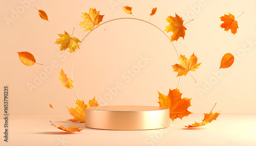 A golden podium is surrounded by falling autumn leaves against a soft, peach-colored background and a circular frame.