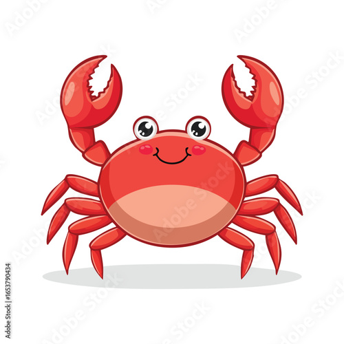 A cheerful cartoon crab with bright red shell and large claws, smiling widely.
