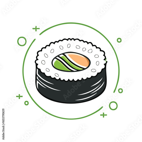 Close-up illustration of a sushi roll with rice, seaweed, and various fillings, isolated.