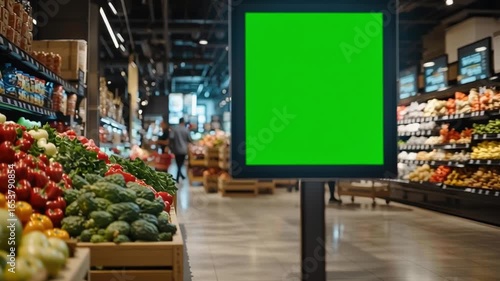 Green Screen in Grocery Store: An inviting grocery store scene with vibrant produce in the foreground and a prominent green screen display, ideal for showcasing advertising or information.