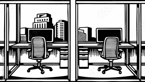 Two office cubicles with desks chairs and computers in front of city skyline windows in black and white silhouette