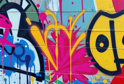 Abstract urban wall texture with vibrant graffiti spray paint, image, street art