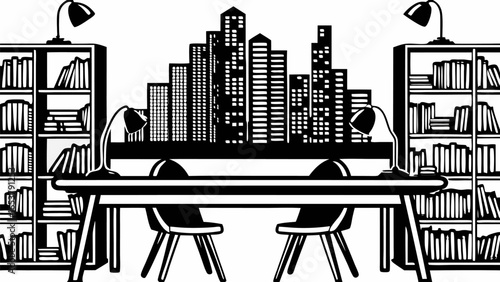 A monochrome illustration of a study room with bookshelves desk chairs and a cityscape view outside the window silhouette
