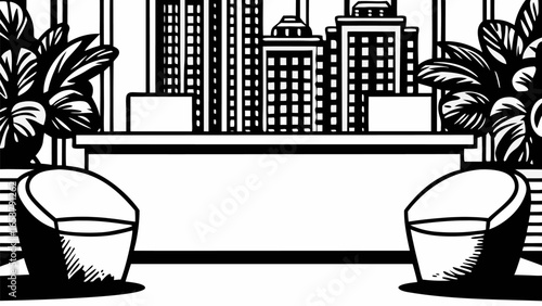 Reception area with two chairs, a desk, plants, and a cityscape view through a window in black and white silhouette