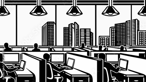 Illustration of a busy office space with employees working at computers and city skyline view outside windows silhouette