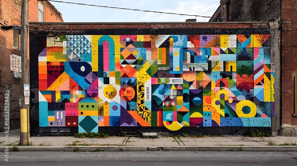 Obraz premium Vibrant geometric street art mural on a brick wall featuring bold colors and abstract shapes, showcasing urban creativity and colorful graffiti design.