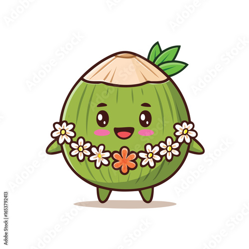 A cute cartoon coconut character with a floral lei, smiling and looking happy, isolated on white.