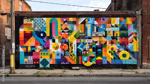Vibrant geometric street art mural on a brick wall featuring bold colors and abstract shapes, showcasing urban creativity and colorful graffiti design.