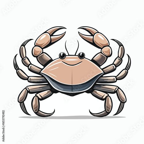 A detailed illustration of a cartoon crab with a smiling face and large claws, isolated on white.