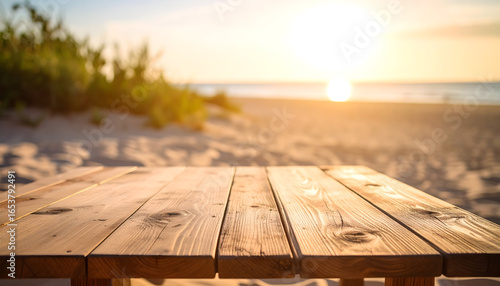 Wooden Table with Grain Texture on Sandy Beach at Sunset with Golden Sunlight and Horizon