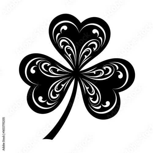 A vector illustration of an ornate black silhouette shamrock with butterfly and flower elements