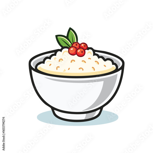 A detailed illustration of a white bowl filled with creamy porridge and topped with berries.