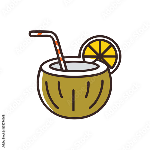 Refreshing coconut drink with a straw and a lemon slice, perfect for summer.