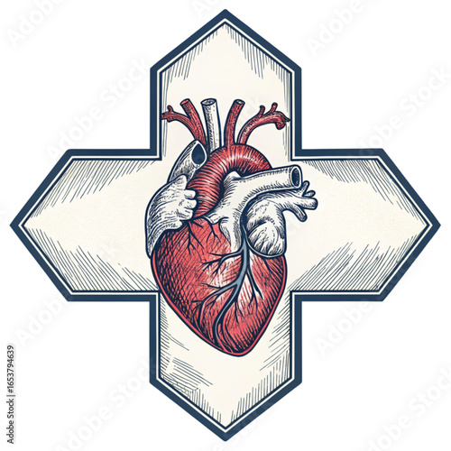 Anatomical heart illustration, medical emblem for healthcare and wellness designs, detailed human organ