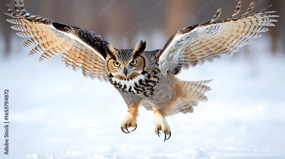 Fototapeta premium Great Horned Owl in mid-flight over snowy landscape