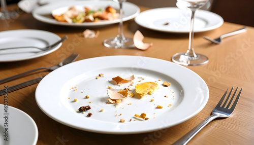 White Plate With Eggshell And Food Remains On Wooden Table Near Glasses And Fork