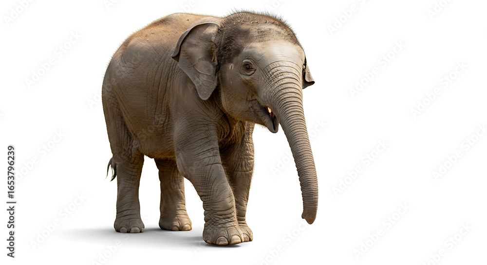 Obraz premium Adorable Baby Elephant Walking Forward on White Background with Detailed Texture