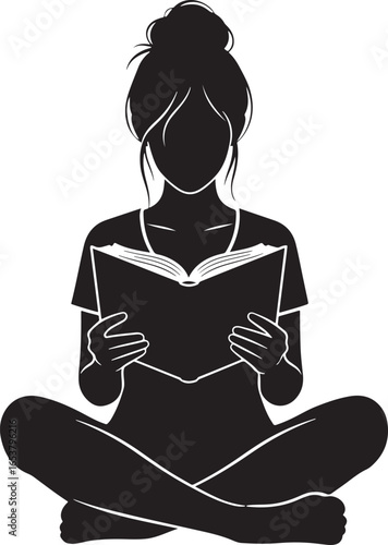 Vector art of silhouette of a woman sitting crosslegged and reading a book