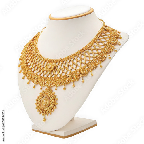 3d gold necklace on mannequin isolated on transparent background