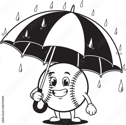 Vector art of cartoon tennis ball character holding an umbrella and smiling