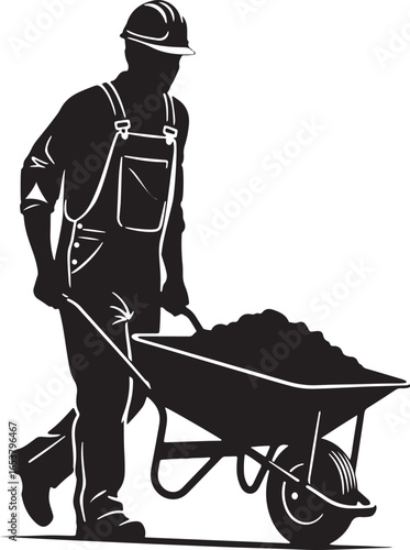 Vector art of silhouette of a construction worker pushing a wheelbarrow full of dirt