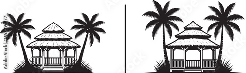 Vector art of two identical black silhouettes of gazebos with palm trees and grass