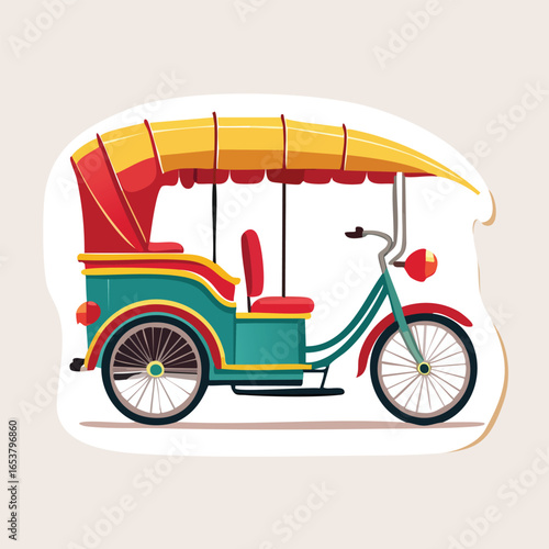 Illustration of a colorful, detailed, and vintage rickshaw bicycle with a passenger seat and awning.