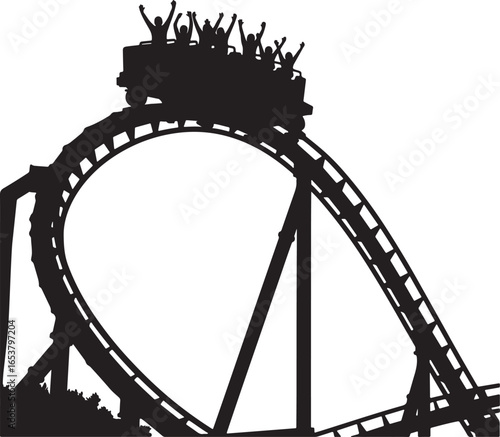 Vector art of silhouette of a roller coaster with excited people on top