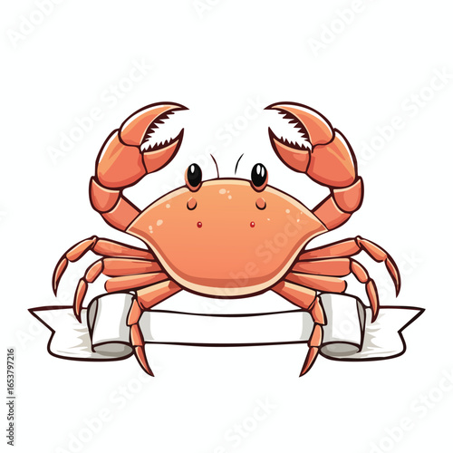 Cartoon crab illustration with orange body, claws, and a blank white banner for text.