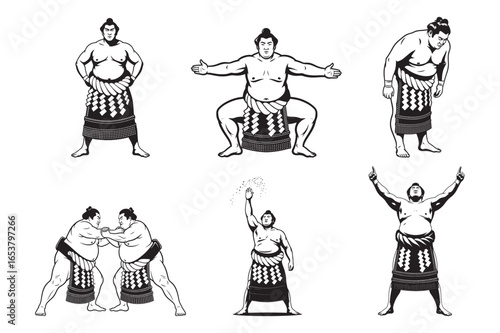 Vector art of collection of sumo wrestler poses and actions