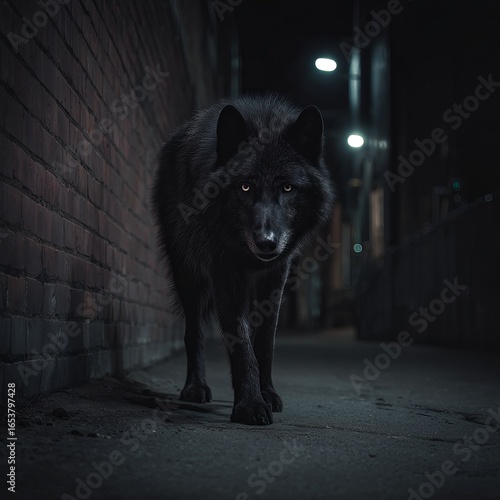 A black wolf prowls a dimly lit urban alley at night, creating a mysterious and captivating scene.