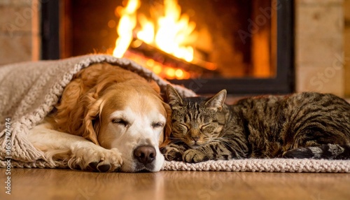 Peaceful Golden Retriever Dog and Tabby Cat Sleeping Soundly Under Blanket Next to Fireplace