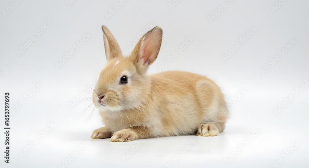 Fototapeta premium Adorable fawn colored bunny resting on a clean white background, showcasing its soft fur and delicate features.