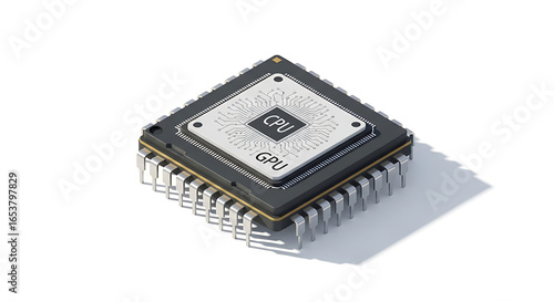 A close up shot of a cpu and gpu chip on a white background showing the pins and circuitry details