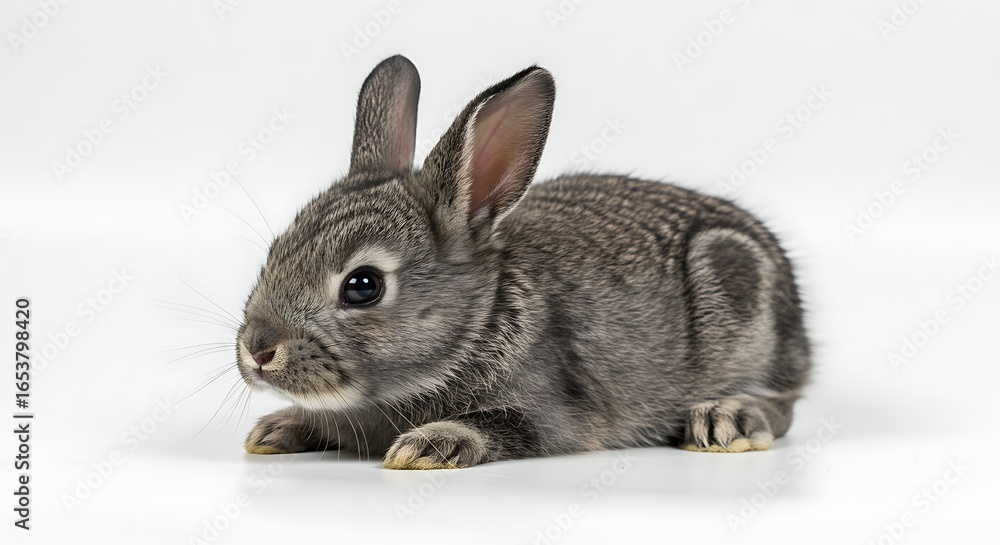 Obraz premium Adorable gray bunny resting on a white surface, looking directly at the camera