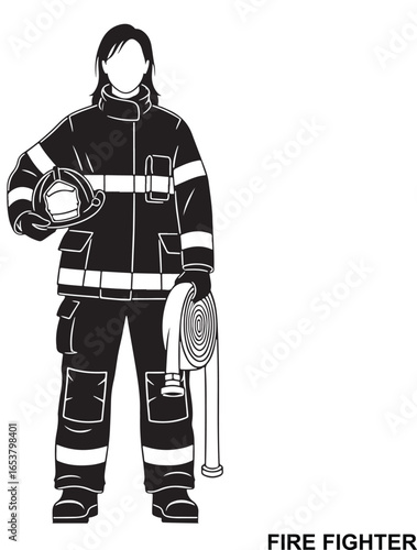 Vector art of a firefighter in full protective gear, including helmet and hose, stands ready for action, isolated on a
