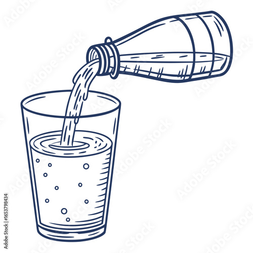 A bottle pouring water into a glass isolated on white background is a refreshing illustration for hydration and healthy lifestyle