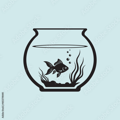 Vector art of a black goldfish swims in a round fishbowl with aquatic plants and bubbles, isolated on a light blue background