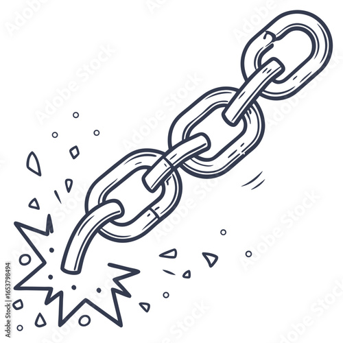 Broken chain link isolated on white background, symbolizing a break in strength, connection, and security, with a handdrawn vintage style
