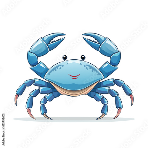 Cartoon illustration of a happy blue crab with large claws and a smiling expression.
