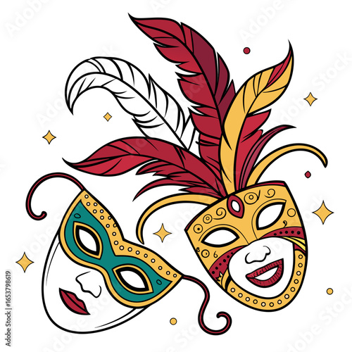 Colorful venetian carnival masks with feathers, isolated on white background festive decoration for masquerade party and cultural celebration