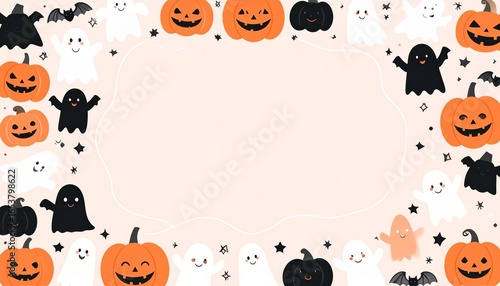 Minimalist Halloween poster design with smiling pumpkins, friendly ghosts, and soft pastel orange and black color palette