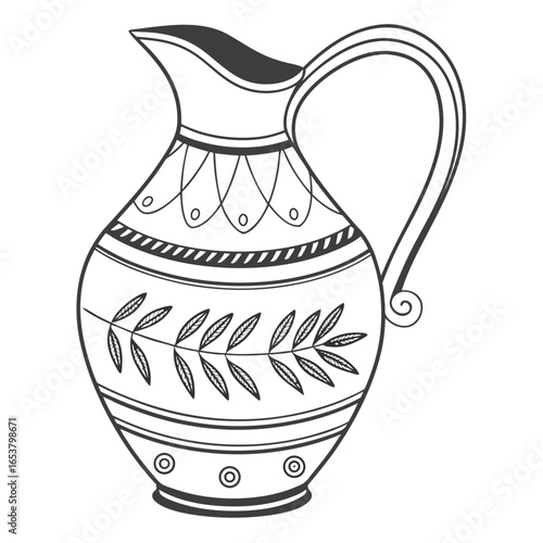 Elegant pitcher isolated on white background, a ceramic jug for water or drinks, adorned with floral patterns and decorative designs