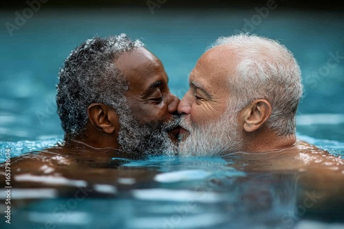 Happy senior multiracial gay male couple kissing in a swimming pool during summer vacation. Candid inclusive image of two senior homosexual men in love.  age inclusion and racial, Generative AI