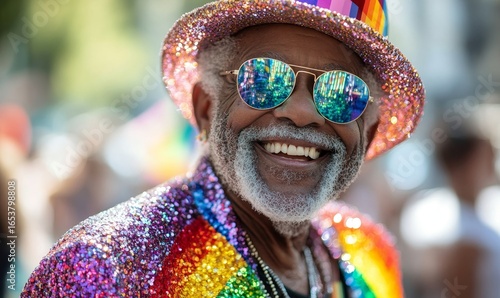 Happy elderly gay black man at a Pride parade. Senior African American queer man in a sequin outfit and rainbow flag, celebrating LGBTQ+ rights. Promoting inclusion and diversity, Generative AI