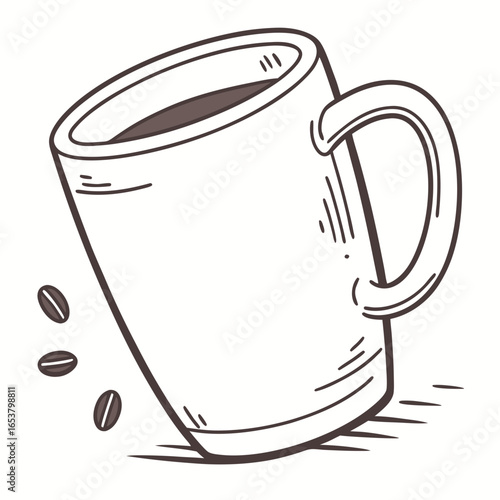 Illustration of a coffee cup with coffee beans, symbolizing a morning beverage and energy, isolated on white background