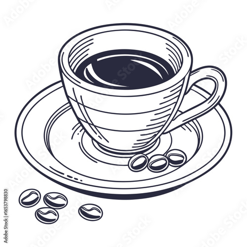 Illustration of a cup of coffee with beans isolated on white background, perfect for a morning pickmeup or a cafe design